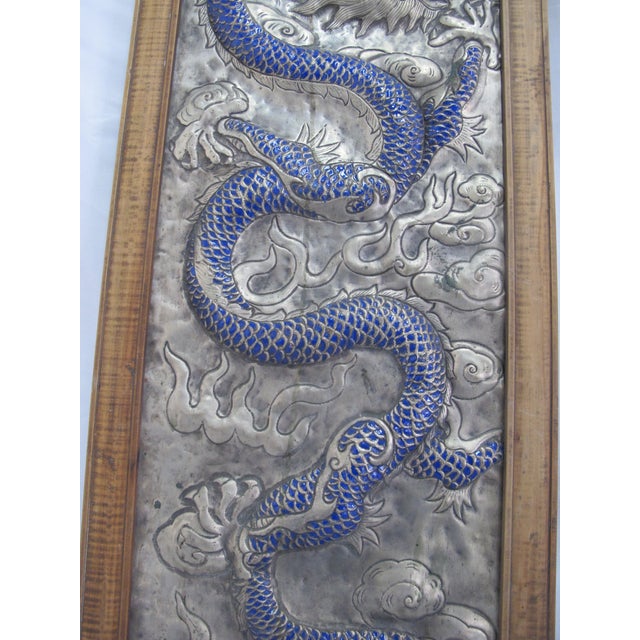 Chinese Silver Metal Relief Blue Enamel Painted Dragon Panel in Wood Frame For Sale - Image 4 of 11