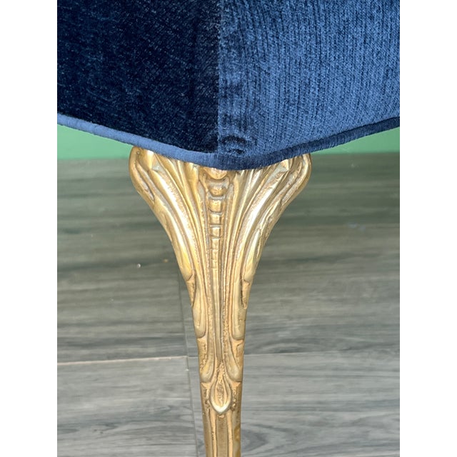 1970s Vintage Brass and Navy Blue Chenille Bench For Sale - Image 5 of 9