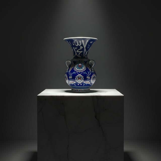 Turkish Handmade Ceramic Kandil Vase (50cm) Cobalt Blue Calligraphy Triple Handled Form For Sale - Image 3 of 11