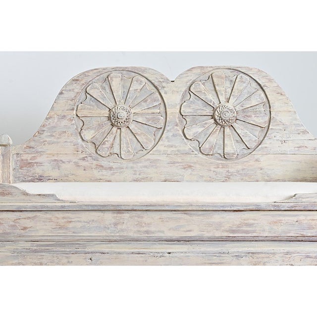 Swedish 18th century Gustavian style settee/banquette with its original hand-scraped & painted finish over the carved pine...
