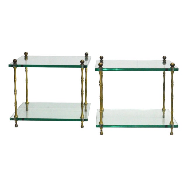 1950s Baker Style Hollywood Regency Square Glass and Brass Faux Bamboo Low Occasional Tables a Pair For Sale