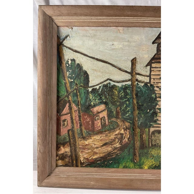 Mid-Century 1954 Expressionist Village Scene Painting by Ethel G. Baum – Vintage Wood Frame, Grumbacher Panel For Sale - Image 4 of 7