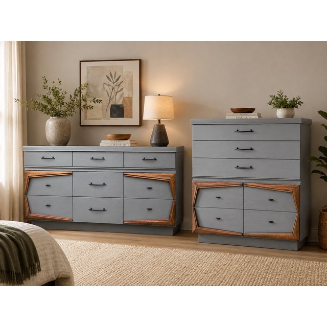 A distinctive vintage two-piece bedroom set by United Furniture Corporation of Lexington, North Carolina, consisting of a...