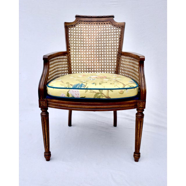Louis XVI style faux bamboo caned curved occasional chair with new custom cushion in exquisite Scalamandre "Lampas Exotic...
