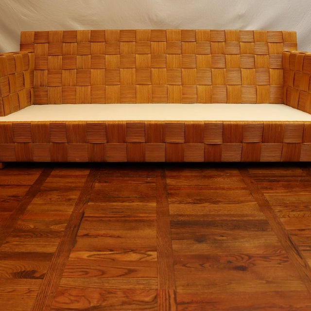 Vintage Circa 1990 John Hutton for Donghia Block Island Rattan Sofa With New White Cotton Upholstery For Sale - Image 12 of 12