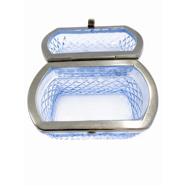 Beautiful and unique French blue cut glass with silver plate trim cache box. This is a very rare piece as after doing much...
