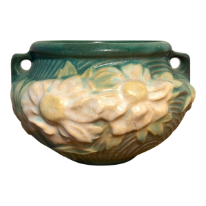 Vintage Roseville Pottery Peony Jardiniere With Handles, Soft Turquoise Green With White and Yellow Blossoms. 661-3 Estate Find