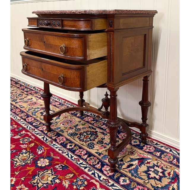 Antique French Louis XVI Style Marble Top Chest Side End Table Walnut c.1920s-30 For Sale - Image 10 of 18