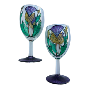 Late 20th Century Painted French Wine Glasses With Scottish Thistle -Pair of 2