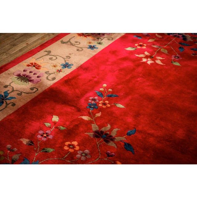 1920s Antique Red Scarlett Floral Haute Modern Knotted Wool Chinese Art Deco Rug For Sale - Image 4 of 9