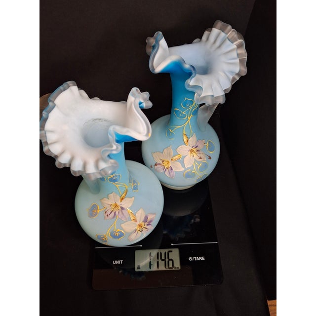 Antique Pair Victorian Blue Satin Cased Glass Pitcher Ewers Hand Painted Orchids Frosted Coral Branch Handles Ruffled Rim - a Pair For Sale - Image 18 of 18