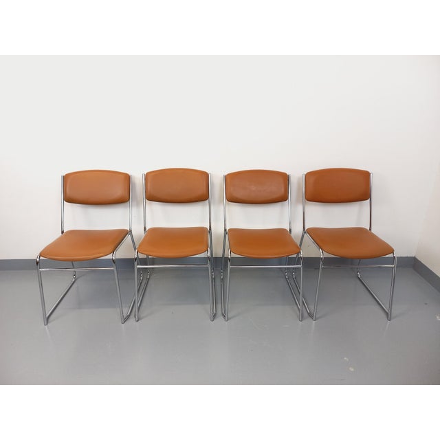 Metal Vintage Sled Chairs in Chrome Metal and Cognac Leatherette, 1970s, Set of 4 For Sale - Image 7 of 18