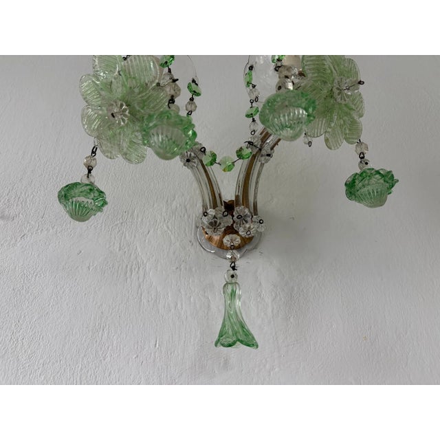 Green C 1920 Rare Pair Green Murano Flowers Ribbon Crystal Sconces One of Kind For Sale - Image 8 of 12