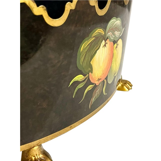 Metal Maison Lancel Vintage French Black Tole Cachepot With Hand-Painted Fruit and Gilt Scalloped Rim Lion Head Ring Handles For Sale - Image 7 of 17