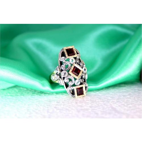 Gold and Silver Ring with Inlaid Zirconias and Calibrated Garnets For Sale - Image 3 of 10