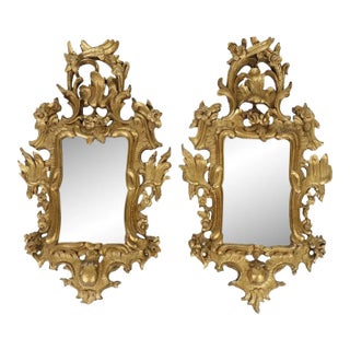 Pair of Italian Roccoco Style Gilt and Carved Wood Mirrors, Late 19th Century For Sale