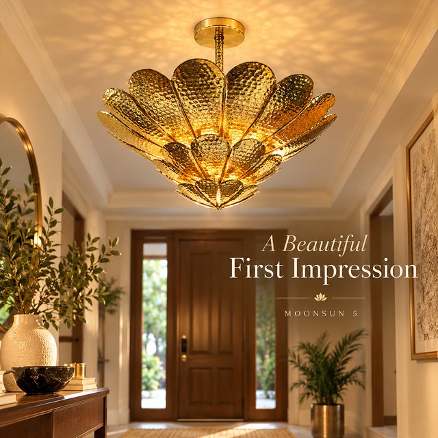 Handmade Brass Flower Ceiling Light, 3 Tier Hammered Floral Chandelier, Art Deco Lotus Semi Flush Mount, Luxury Brass Ceiling Fixture 28 Inches For Sale - Image 6 of 15