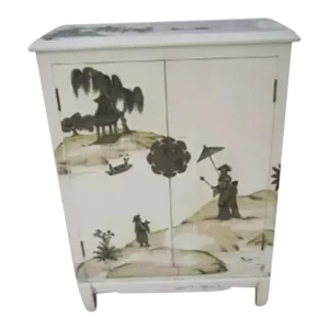 1980s Vintage Asian Side Table Hand Painted With Two Doors