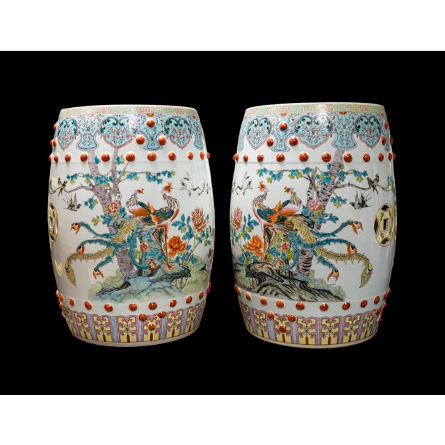 Vintage Chinese Jiangdezhen Porcelain Mirror Image Set of Two (2) Famille Rose Garden Seats The design on these garden...