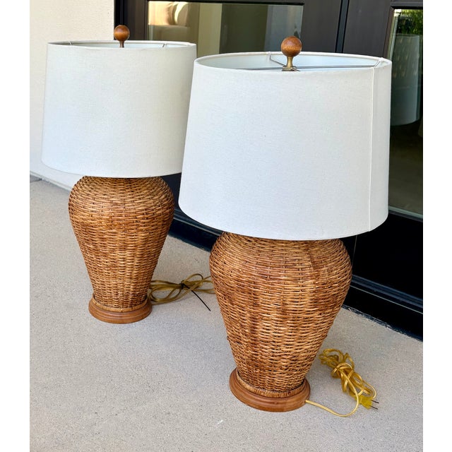 1970s Pair of Woven Rattan and Wood Ginger Jar Lamps in the Style of Ralph Lauren For Sale - Image 13 of 13