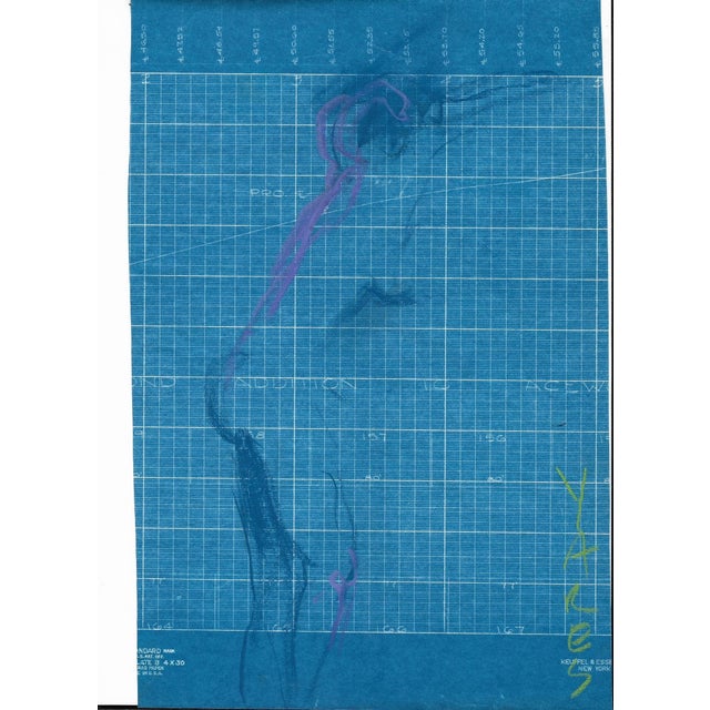 1968 pastel drawing of a standing female nude on blueprint paper by artist Katherine Yares. This comes from her student...
