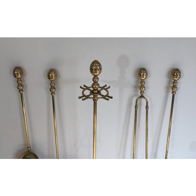 Maison Baguès Set of 5, 1970s Neoclassical brass pineapple fireplace tools in the style of Maison Baguès For Sale - Image 4 of 12