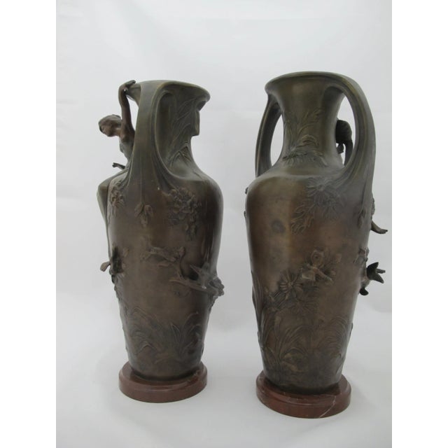 Figurative Francois Moreau Signed Female Figural Bird & Flower Art Nouveau Bronze Vase Pair For Sale - Image 3 of 17