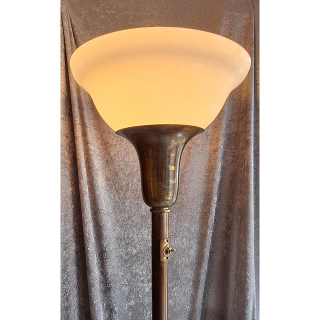 Goldenrod Art Deco German Floor Lamp with Brass Base and White Glass Shade, 1920s For Sale - Image 8 of 11