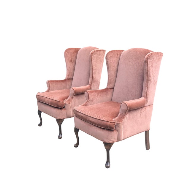 Mid 20th Century Rose Gold Pink Crushed Velvet Wingback Chairs- A Pair For Sale - Image 13 of 18