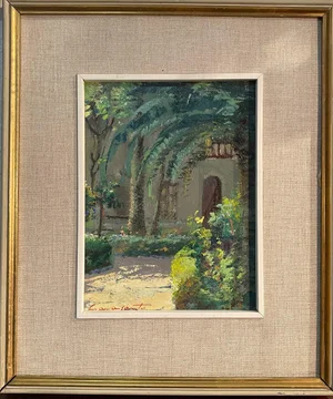 Cavasanti, Court Interior, 1962, Oil Painting on Panel, Framed