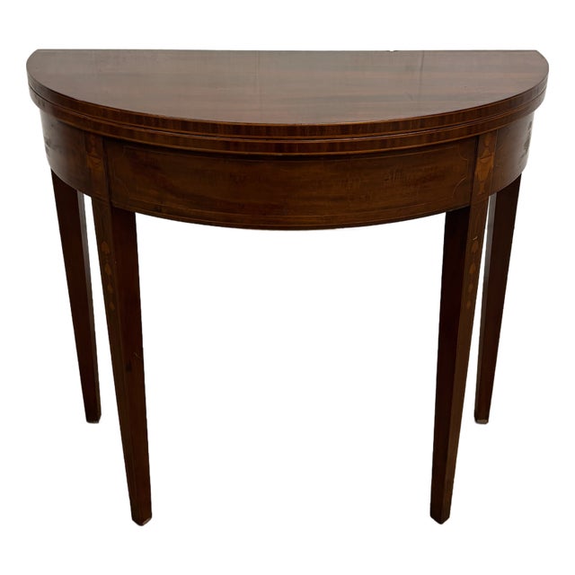 Vintage Federal Hepplewhite Georgian Style Inlaid Demilune Flip Top Game Table For Sale