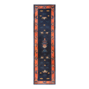 1920s Blue Navy Animal Antique Chinese Peking Rug 3'2" X 11'8" Hand Knotted Wool Carpet