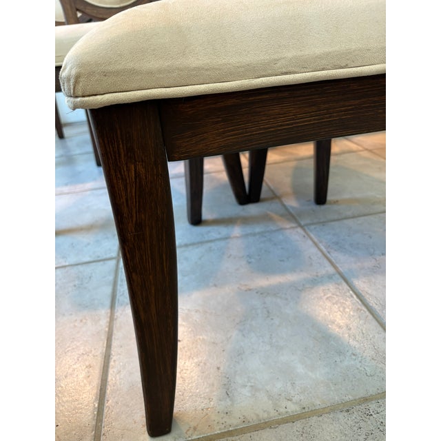 Ralph Lauren Late 20th Century French Oval Medallion Back Dining Chairs Dark Walnut Distressed Finish Neutral Upholstery - Set of Six 6 For Sale - Image 4 of 9