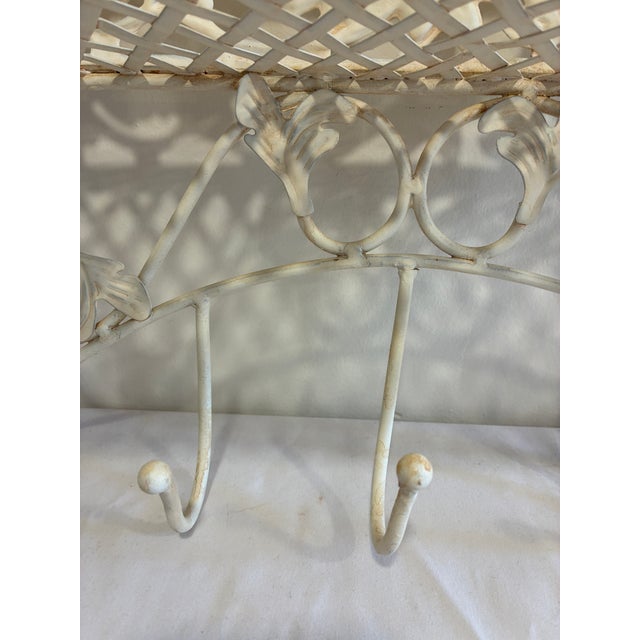 Vintage White Wrought Iron Wall Shelf With Hooks, Ornate Lattice and Floral Detail For Sale - Image 9 of 14