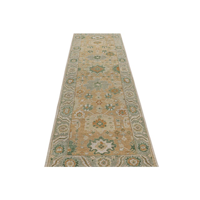 Rug & Kilim Rug & Kilim’s Oushak Style Runner Rug in Beige-Brown and Green Floral Patterns For Sale - Image 4 of 7