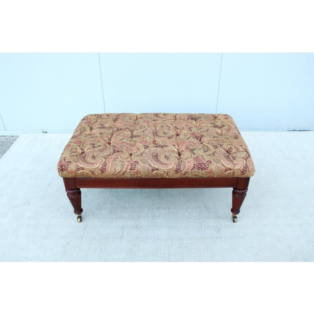 Fabulous vintage traditional style button tufted paisley pattern upholstered cocktail ottoman bench by Hickory Chair, a...