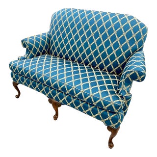 1950s English Georgian Style Blue Patterned Settee Sofa, Newly Upholstered For Sale