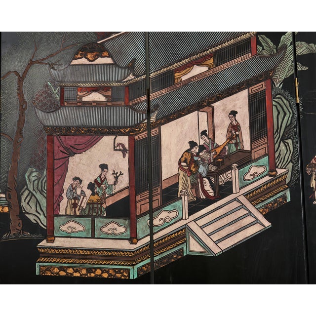 Chinese Export Eight Panel Coromandel Screen Pagoda Courtyard For Sale In Sacramento - Image 6 of 12