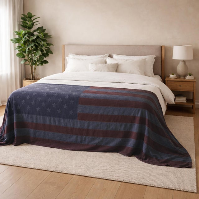 Oversize Vintage Cotton American Flag With Sewn Stars and Blue Denim Overdye For Sale - Image 4 of 7