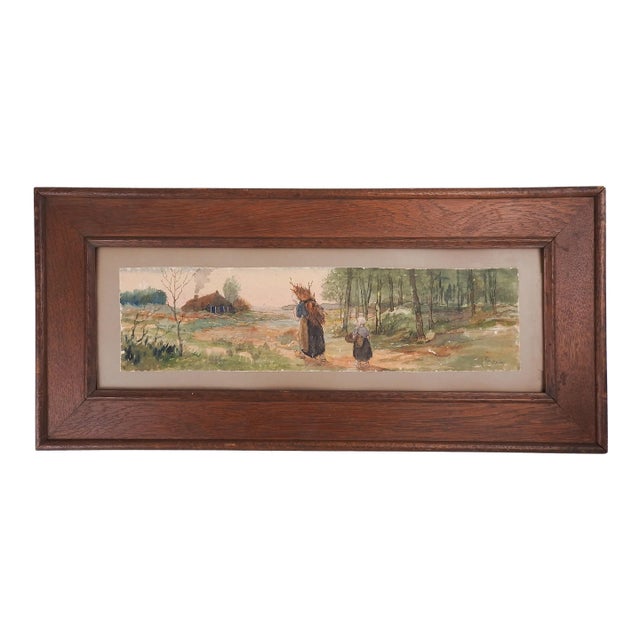Vintage Dutch School Pastoral Watercolor Painting For Sale