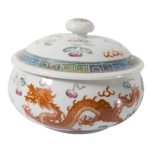 20th Century Chinese Famille Rose Covered Bowl With Dragon and Phoenix