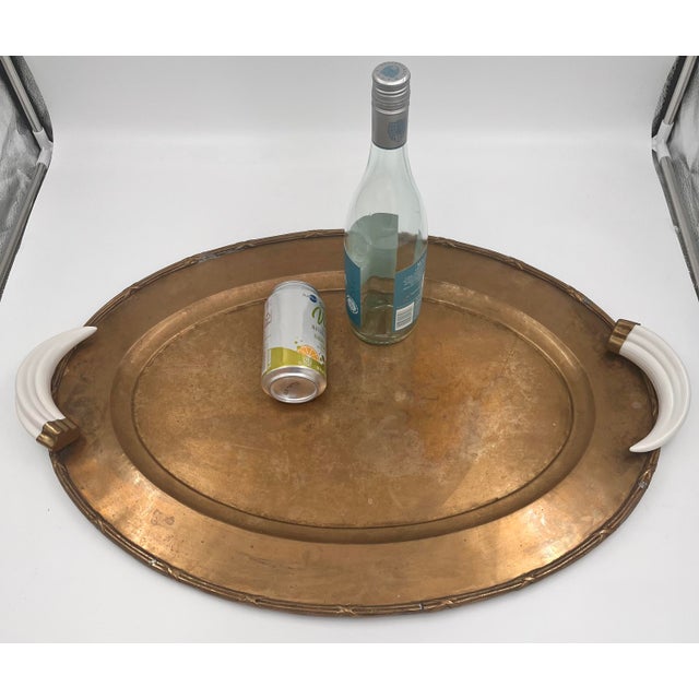 Vintage Italian Hollywood Regency Oval Statement Size Brass Tray With Faux Boar Tusk Handles and Cross Strap Trim For Sale - Image 16 of 16