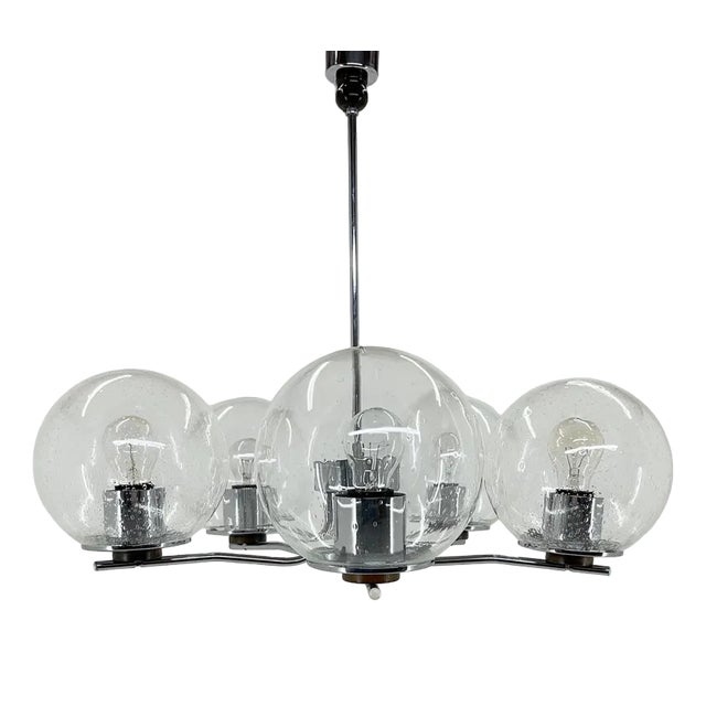 Chrome & Clear Bubble Glass 5-Arm Chandelier, 1970s For Sale
