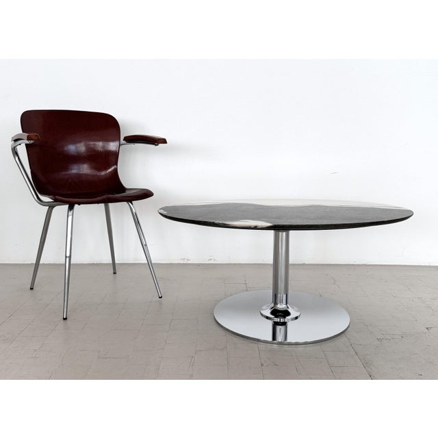 Gorgeous Italien Postmodern coffee table with oval marble top in bizzarre pattern and color and heavy chrome table base in...