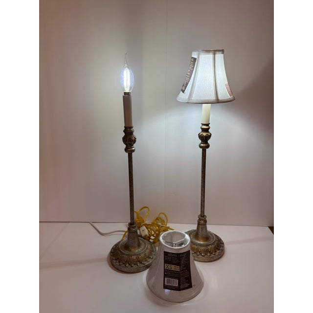 Gold 1970s Hollywood Regency Candle Stick Table Lamps a Pair For Sale - Image 8 of 8