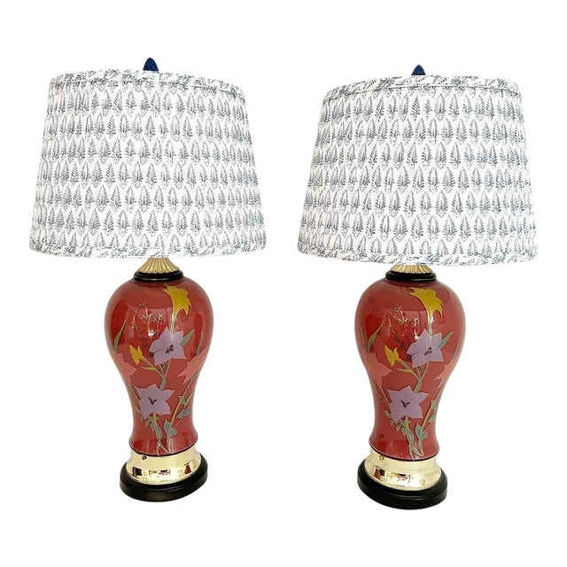 1970s Floral Vase Lamps & Shades - a Pair For Sale