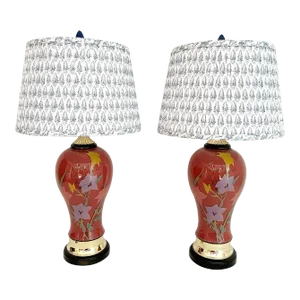 1970s Floral Vase Lamps & Shades - a Pair