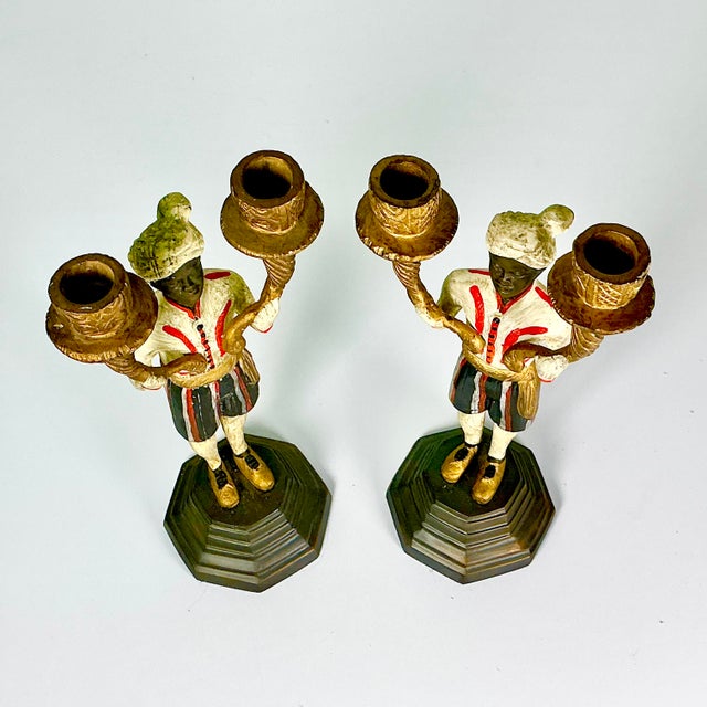 Early 1900s Antique Mediterranean Italian Venetian Moorish Painted Bronze Candelabras - A Pair For Sale - Image 15 of 17