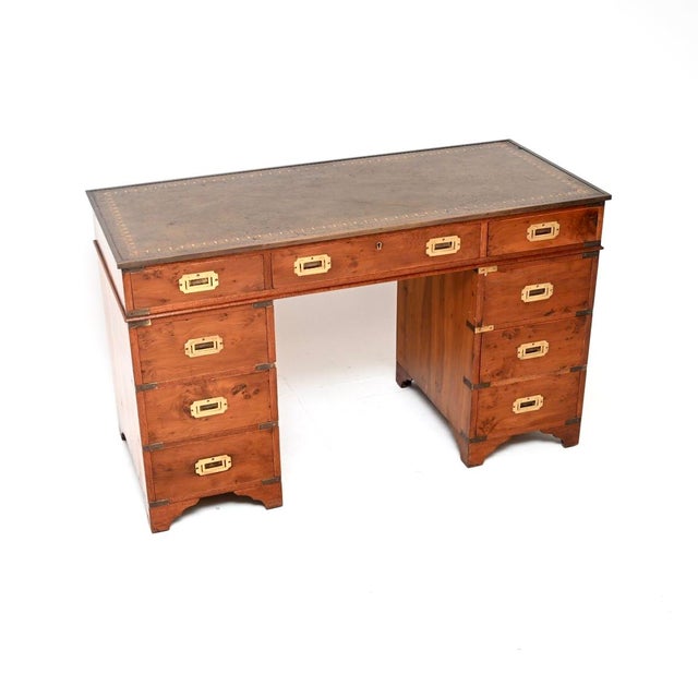 Antique Yew Wood Military Campaign Style Pedestal Desk, 1950 For Sale - Image 9 of 9