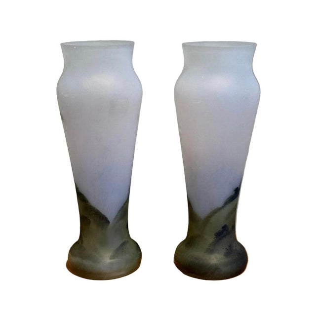 Pair of Early 20th Century Frosted Glass Vases With Hand-Painted Landscapes For Sale - Image 9 of 12